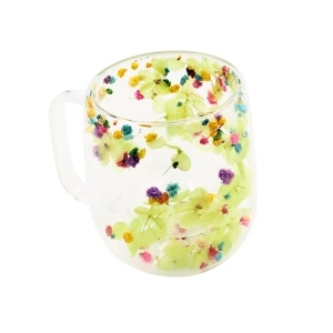 Cană cu inserție de flori uscate, hortensie verde și floarea miresei multicolor, pereți dubli, sticlă borosilicată, 250 ml, Aurora Bloom