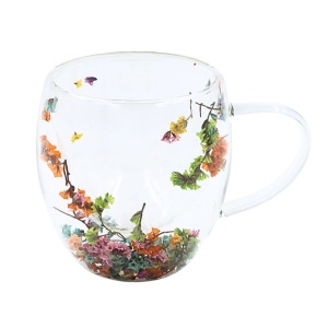 Cană cu inserție de flori uscate, limonium multicolor, pereți dubli, sticlă borosilicată, 250 ml, Aurora Bloom