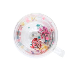 Cană cu inserție de flori uscate multicolore, floarea miresei, pereți dubli, sticlă borosilicată, 200 ml, Aurora Bloom