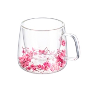Cană cu inserție de flori uscate roz, floarea miresei, pereți dubli, sticlă borosilicată, 200 ml, Aurora Bloom