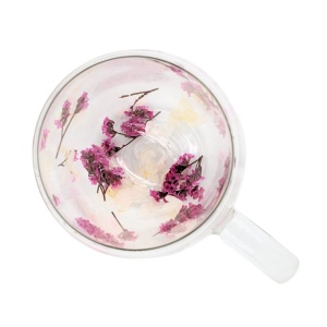 Cană cu inserție de flori uscate roz, hortensie si limonium, pereți dubli, sticlă borosilicată, 350 ml, Aurora Bloom