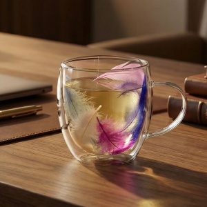 Cană cu inserție de pene mov, roz, albastru și alb, pereți dubli, sticlă borosilicată, 250 ml, Aurora Bloom