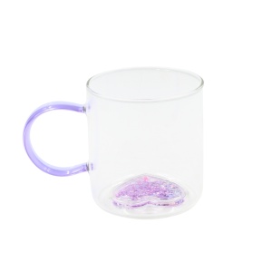 Cană cu model 3D inimioară mov, pereți dubli, sticlă borosilicată și inserție de sclipici, 300 ml, Aurora Glow