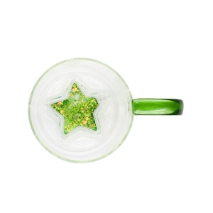 Cană cu model 3D steluță verde, pereți dubli, sticlă borosilicată și inserție de sclipici, 300 ml, Aurora Glow