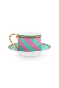 Cană espresso cu farfurioară, Pip Studio, 220 ml, colecția Pip Chique, Stripes Pink-Green