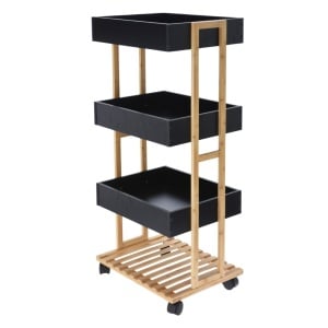 Cărucior de Depozitare cu 3 Rafturi – Structură din Bambus și Tăvi MDF Negre – Mobil cu Roți – 87,5 x 40 x 30 cm