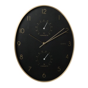 Ceas de perete cu stație meteo, 34 cm, negru cu auriu, design modern