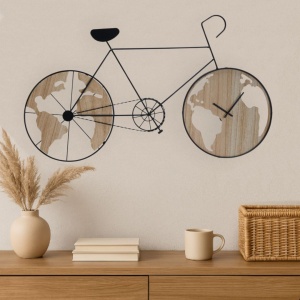 Ceas de Perete Design Bicicletă cu Hărți Globale – 84x49 cm | Lemn și Metal