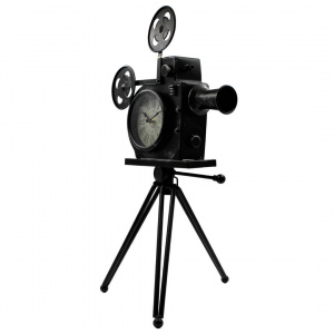 Ceas retro, model camera video cu trepied, metalic, culoare negru vintage