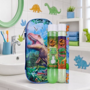 Children's bath gift set, Dinopark Adventure, Accentra – includes bubble bath, foaming bath salts, and a dinosaur-themed pencil.