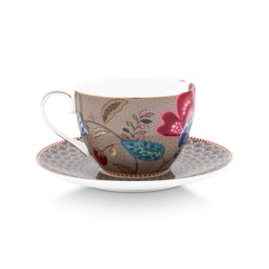 Cup and saucer, Pip Studio, 300 ml, Khaki, Blooming Tales collection