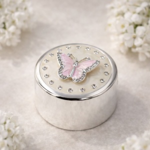Cutie Bijuterii Rotundă 7 cm cu Fluture Roz și Strasuri AZAY – Casetă Bijuterii Elegantă, Cutie Inel, Cutie Cadou Femei cu Ambalaj Premium