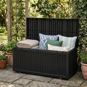 Cutie de depozitare pentru exterior cu capac, plastic rezistent, 120 x 52 x 54 cm, negru