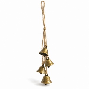 Decorațiune suspendată, de Crăciun, 4 clopoței metalici aurii vintage, șnur rustic pentru agățare, 40 cm, WOZ51