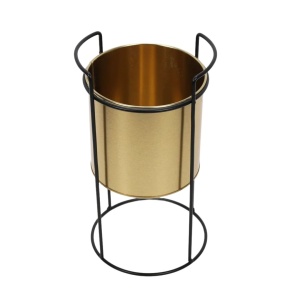 Ghiveci decorativ metalic, cu suport, pentru plante, culoare auriu/negru, 18x18x31 cm