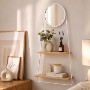 Decorative shelf with a round mirror and white metal support, 60 cm