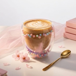 Pahar cu inserție de pene și bilute colorate pastel, roz și mov, pereți dubli, sticlă borosilicată, 250 ml, Aurora Bloom