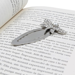 Semn de Carte Metalic Libelulă cu Perlă și Cristale, 8 x 4.5 cm, Argintiu, Cadou Elegant pentru Femei, AZAY