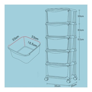 Dulap organizator din plastic, cu 5 sertare, pe roți, Ecarla, 97x38x37 cm, PO10