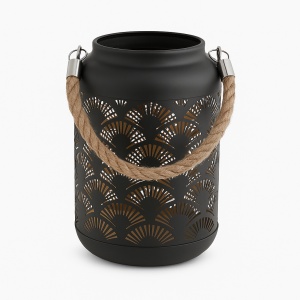 Felinar decorativ, din metal, cu model perforat evantai și mâner din sfoară, 17 cm, Arti Casa