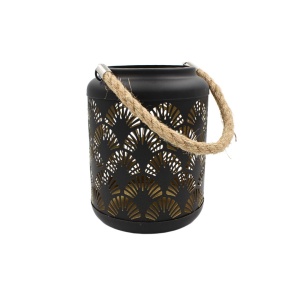 Felinar decorativ, din metal, cu model perforat evantai și mâner din sfoară, 17 cm, Arti Casa