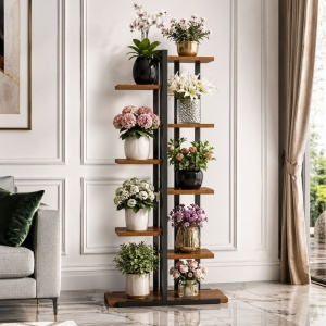 Flower and plant stand, modern 6-tier shelving unit, 113x60x20 cm, metal and wood plant stand, black-brown, for balcony, terrace, living room, or garden