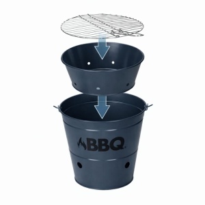 Găleată grătar BBQ portabilă Ø26 cm, metal zincat, culoare bleumarin mat, cu grătar și mâner, pentru camping și picnic