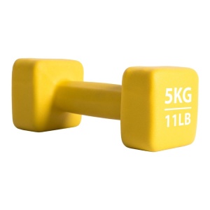 Ganteră neopren 5 kg Pure 2 Improve – capete pătrate, galben și ambalaj premium