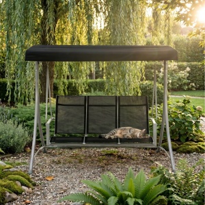 Garden swing with 3 seats and adjustable canopy, 196 cm, metal frame and textilene, black/grey