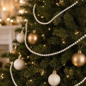 Ghirlandă decorativă, de Crăciun, cu perle albe, 5 m, mărgele perlate de 6 mm, pentru brad și aranjamente festive, WOZ15