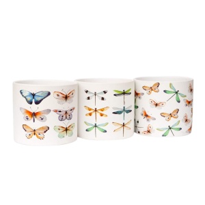 Ghiveci decorativ ceramic, alb cu ilustrații cu libelule, pentru plante și flori, design modern 13.5x12.5 cm