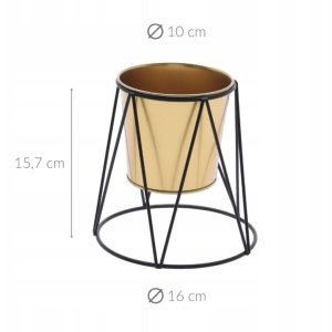 Ghiveci decorativ metalic, cu suport, pentru plante, culoare auriu/negru, 16x16x15,7 cm