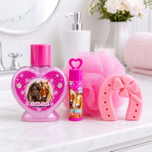 "I Love Horses" Children's Bath Gift Set by Accentra – includes bubble bath, soap, lip balm, and bath sponge.