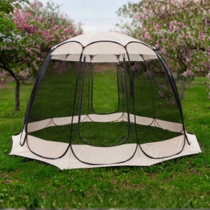 Pavilion de grădină tip cort anti-insecte, 3.6x3.6 m, cu pereți din plasă transparentă, înălțime 2.35 m, bej/gri