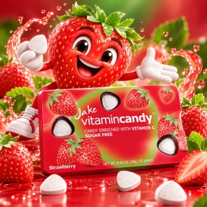 Jake Vitamin Candy – bomboane fără zahăr cu Vitamina C, căpșuni, cutie cu 12 blistere, 180 de dropsuri
