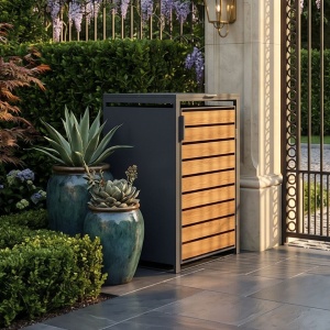 Jumi wheelie bin enclosure, anthracite galvanized steel with wood-effect finish, 116x80x86 cm, for 240L bin