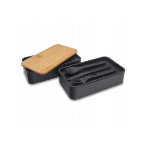 Lunch box dublu, 1.3 l, cu capac din bambus și tacâmuri incluse, 2 nivele, negru, 8.5 x 10.5 x 9.3 cm, eCarla, PJM43