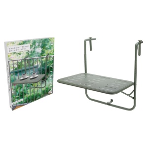Masă suspendabilă pentru balcon Ambiance, metal vopsit verde, prindere pe balustradă, 60×43 cm, înălțime reglabilă