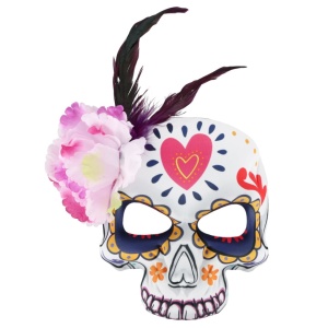 Mască Santa Muerte pentru Halloween, cu floare mov și pene, model craniu mexican multicolor