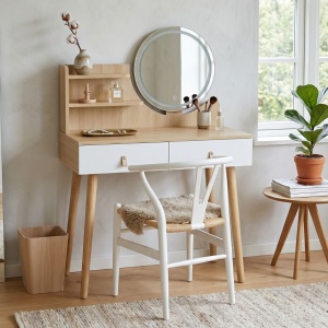 Măsuță de toaletă Scandi 4, oglindă rotundă LED 40 cm, 3 tipuri de lumină (rece, caldă, naturală), 125x80x40 cm, MDF + lemn de pin, culoare alb natur