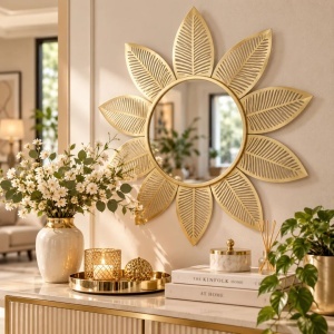 Oglindă de perete, decorativă, ramă cu petale aurii, 55 cm