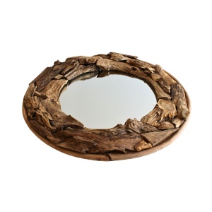 Oglindă rotundă, ramă din lemn tec, 50 cm, H&S Collection