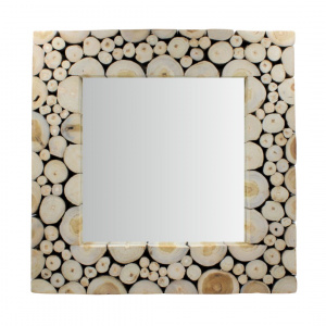 Oglindă decorativă, de perete, cu ramă din lemn natural de tec, design rustic-boho, pătrată, 50x50 cm