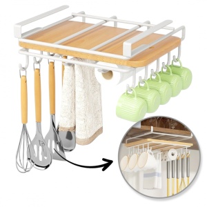 Organizator de bucătărie, suspendat, din metal, cu raft și cârlige pentru ustensile și căni, Ecarla, culoarea alb, 25×25 ×9,7 cm, OR116B