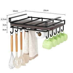 Organizator de bucătărie, suspendat, din metal, cu raft și cârlige pentru ustensile și căni, Ecarla, culoarea negru, 25×25 ×9,7 cm, OR116CZ