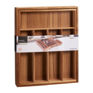 Organizator tacâmuri extensibil, pentru sertar, Excellent Houseware, acacia, 5-7 compartimente, 34×28-45×5 cm