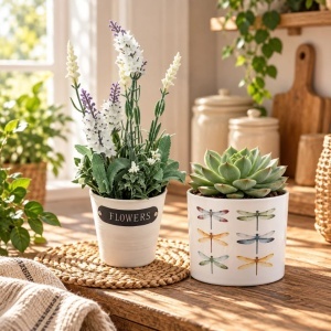 Pachet plantă artificială lavandă în ghiveci alb, 28×9 cm + ghiveci ceramic alb cu libelule, 13,5×12,5 cm