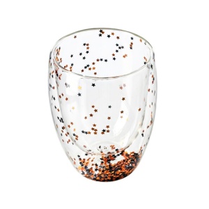 Pahar cu inserție de confetti steluțe gri și auriu, pereți dubli, sticlă borosilicată, 300 ml, Aurora Glow