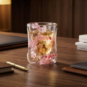 Pahar cu inserție de flori uscate, floarea miresei și hortensie, roz și alb, pereți dubli, sticlă borosilicată, 200 ml, Aurora Bloom