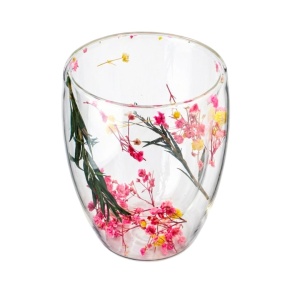 Pahar cu inserție de flori uscate galben, roz și verde, floarea miresei, pereți dubli, sticlă borosilicată, 300 ml, Aurora Bloom